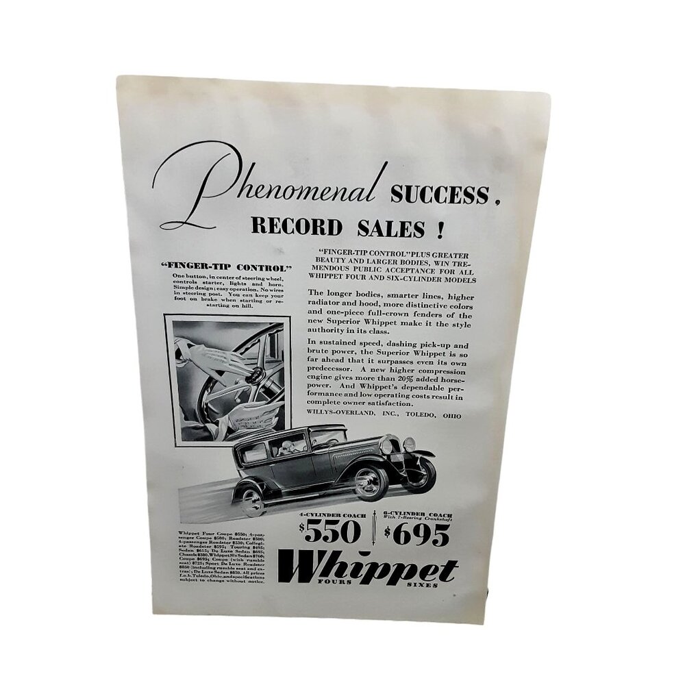 1929 Whippet 4 and 6 Cylinder Coach Car Finger Tip Original Print Ad 20s